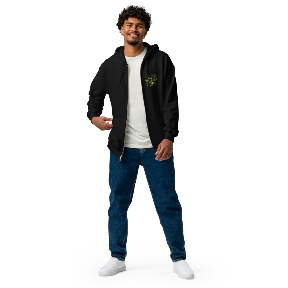 Man wearing a black zipper hoodie with the Gren outlined Pound of Flesh Togo on the left side on the chest.